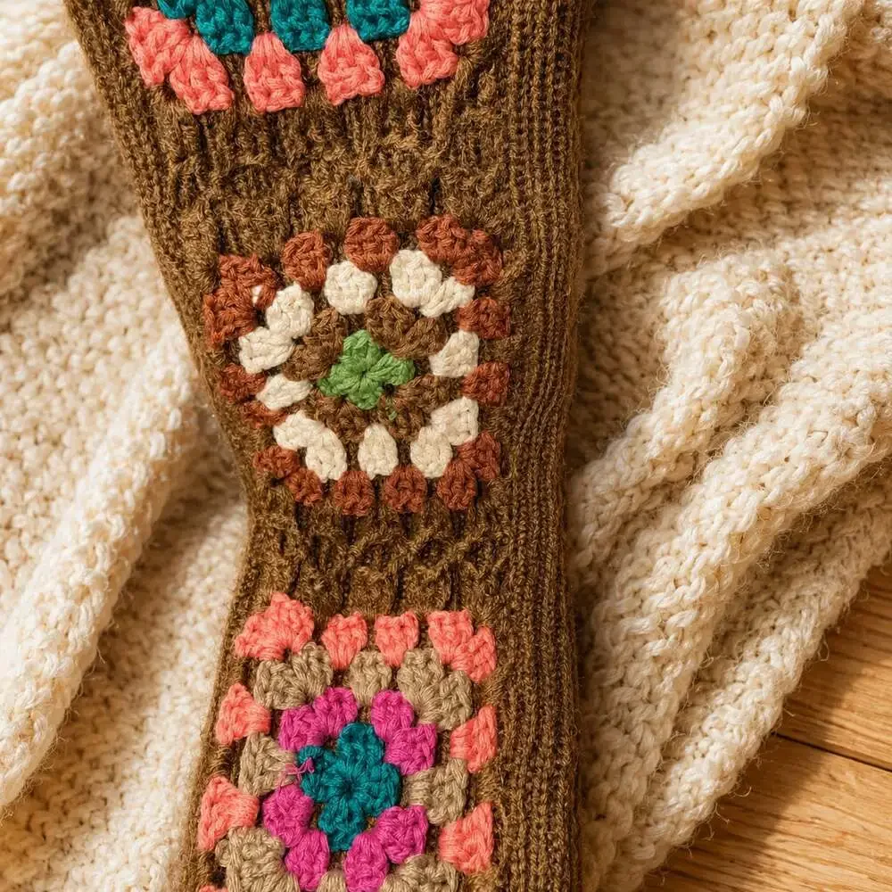 Granny Square Knit Socks Thigh-High Length Cozy Retro Style